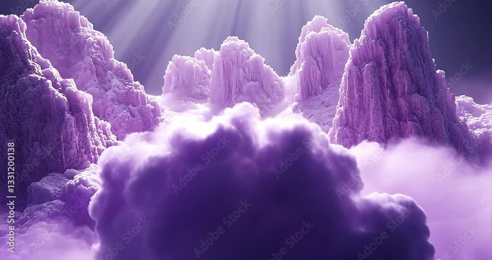 Purple Fantasy Mountains, Clouds, Light Rays, Digital Artwork