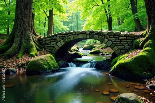 Water flows under a stone footbridge in the woods, tree, foliage, tranquility
