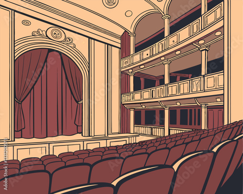 Classic Theater Interior with Red Curtains and Empty Seats