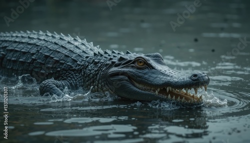 The portrayal emphasizes the ageless interplay between predator and prey as well as the alligator's historic appeal in its natural habitat, highlighting its capacity to travel silently through the dar