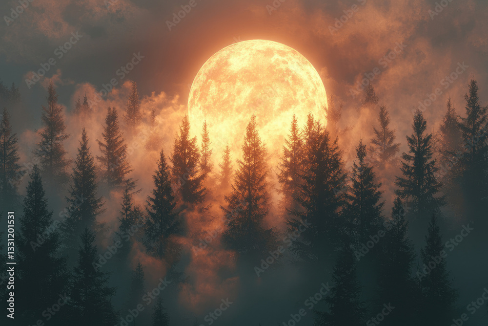 Fototapeta premium Enormous orange moon rises over a misty evergreen forest, creating a surreal and enchanting scene.