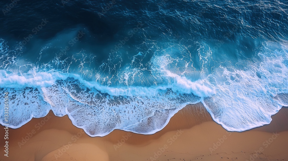 Fototapeta premium Waves gently breaking on a sandy beach at sunset, creating a serene coastal atmosphere with vibrant colors