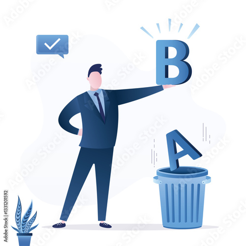 Businessman leader present Plan B. Confident man old A throw in trash can. Plan B, alternative solution or business strategy plan to have secondary for emergency case,
