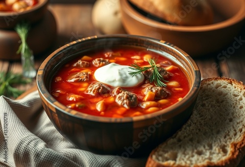 Steaming hot bowl of Borscht soup with sour cream and fresh dill