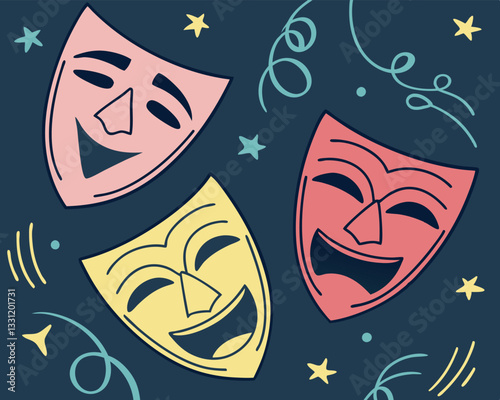 Three Smiling Theater Masks: Colorful and Cheerful Design