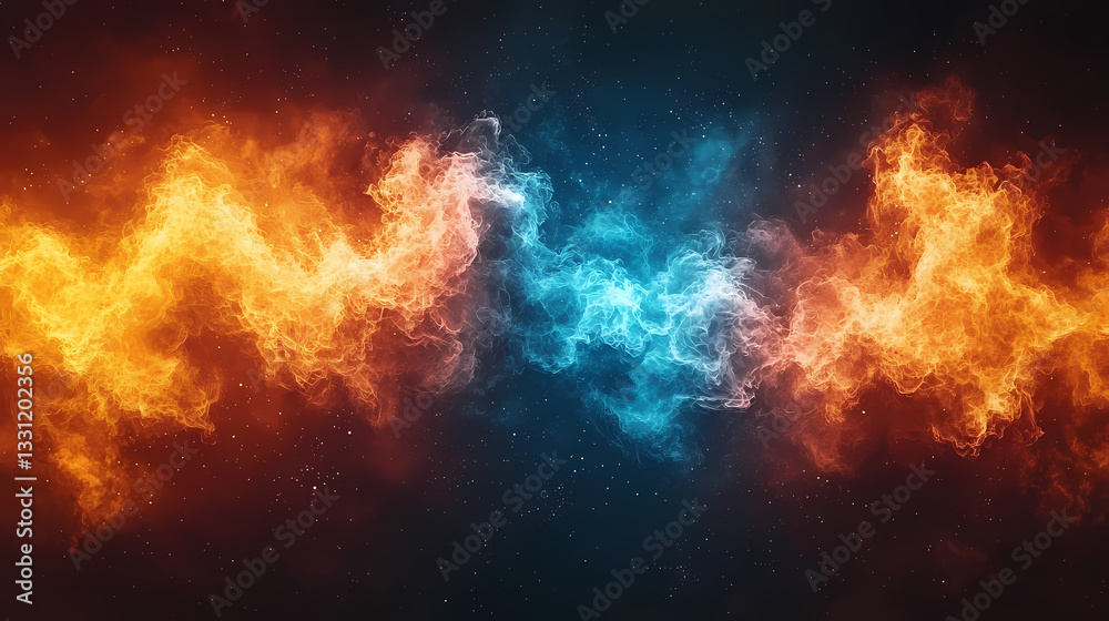 Cosmic Collision: A dynamic visual representation of the clash and fusion of two elemental forces, fire and ice. Fiery orange and deep blue converge, creating a stunning contrast. Cosmic Collision: A dynamic visual representation of the clash and fusion of two elemental forces, fire and ice. Fiery orange and deep blue converge, creating a stunning contrast.