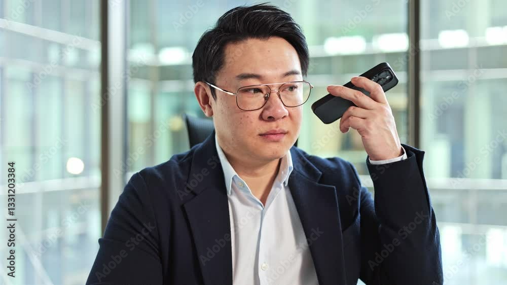 Confident Korean businessman talking on the phone in office. Young businessman using a smartphone. Business, communication, and technology concept. Confident Korean businessman talking on the phone in office. Young businessman using a smartphone. Business, communication, and technology concept.