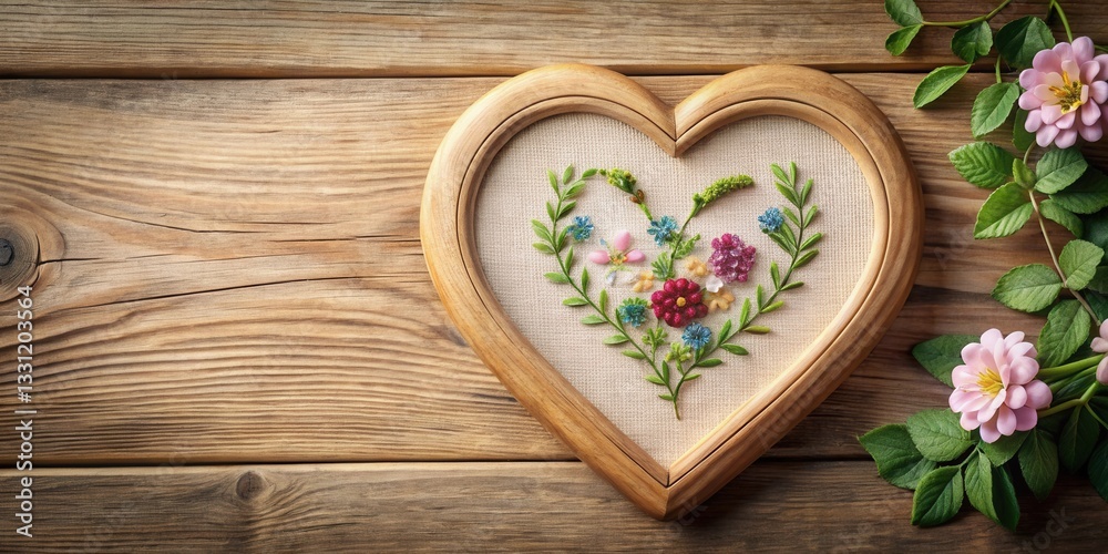 Fototapeta premium Heart-shaped floral embroidery in wooden frame, nestled amongst greenery on rustic wood background