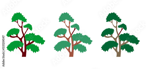 Cartoon tree vector set, collection of trees image with dense green leaves, natural tree plant design element for forest or garden