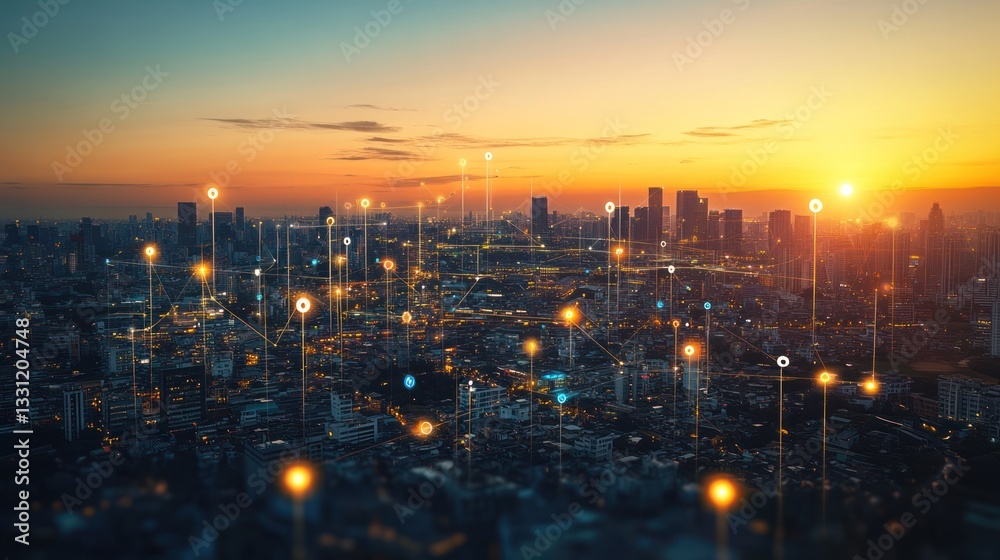 Fototapeta premium Cityscape at sunset with digital network. Possible stock photo use Modern cityscape