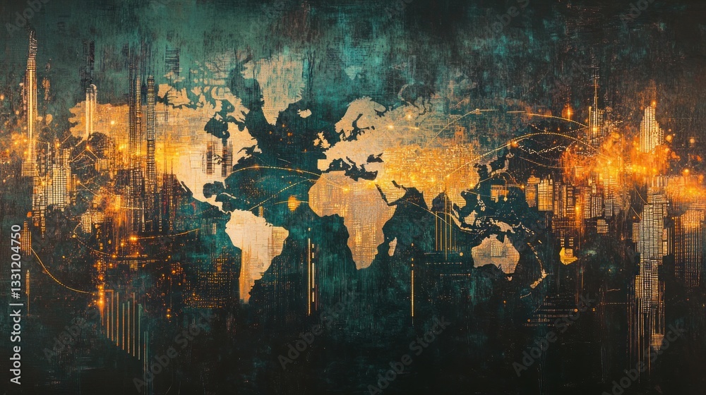 Obraz premium Global network connections visualized on a textured world map with glowing cityscapes and data graphs.
