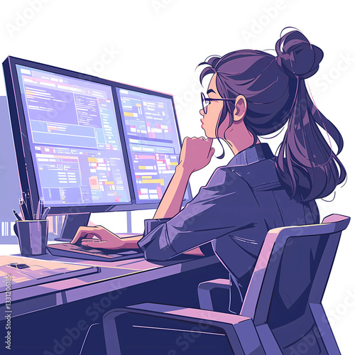 Digital Workspace: A focused woman, illuminated by the glow of multiple monitors, delves into the intricate world of code and digital interfaces.
