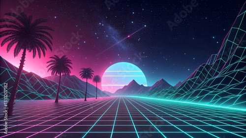 Retro background futuristic landscape 1980s style. Vector perspective grid. 80s sci-fi or game style. Retro neon background