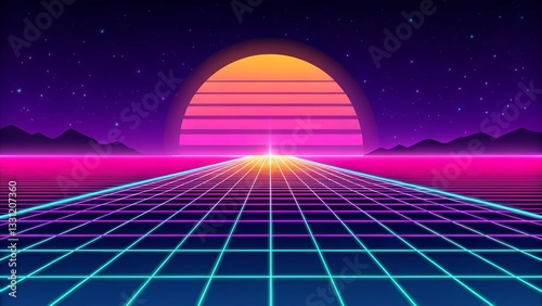 Retro background futuristic landscape 1980s style. Vector perspective grid. 80s sci-fi or game style. Retro neon background