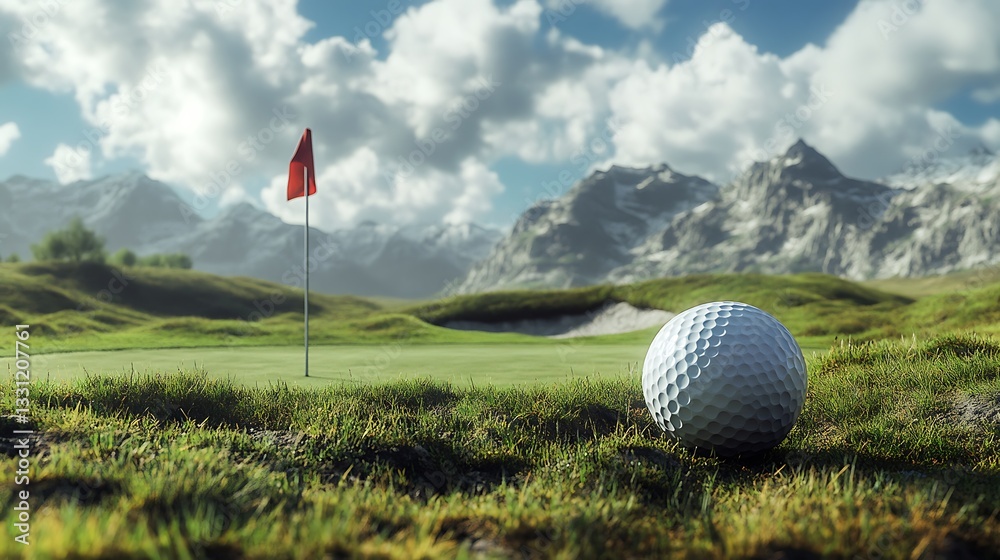 Obraz premium A golf ball comes to rest a few feet from the hole with a flag pole in it