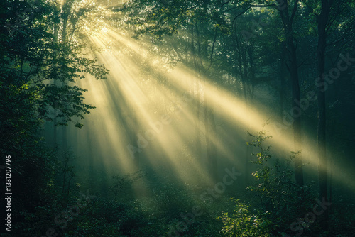 Sunbeams pierce through a misty forest, illuminating the trees and undergrowth in a magical scene.
