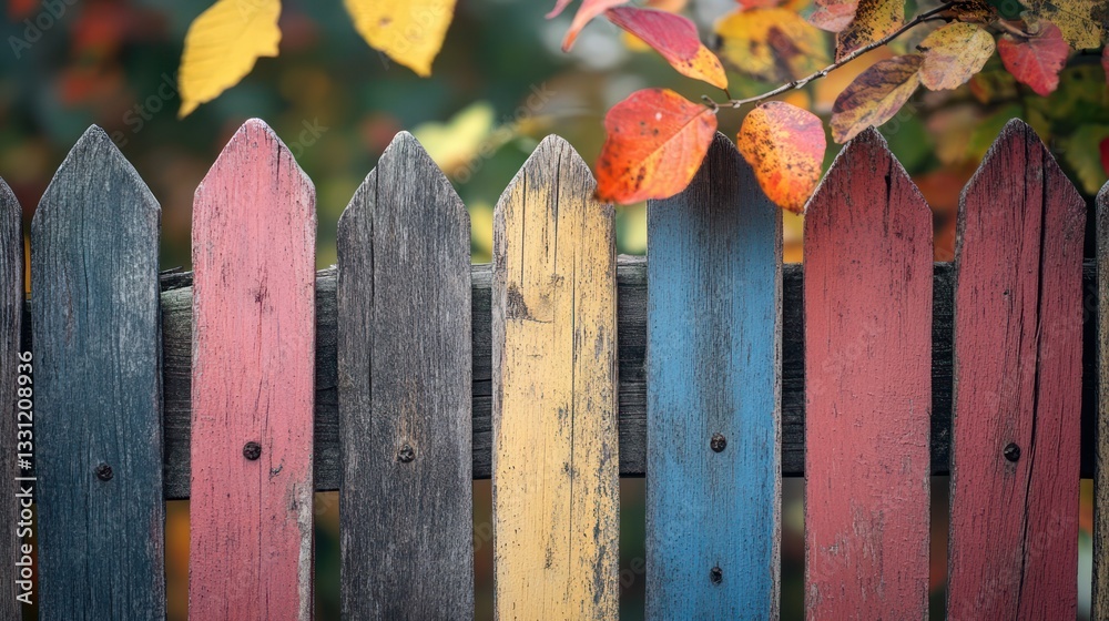 Fototapeta premium Colorful autumn fence, leaves, garden