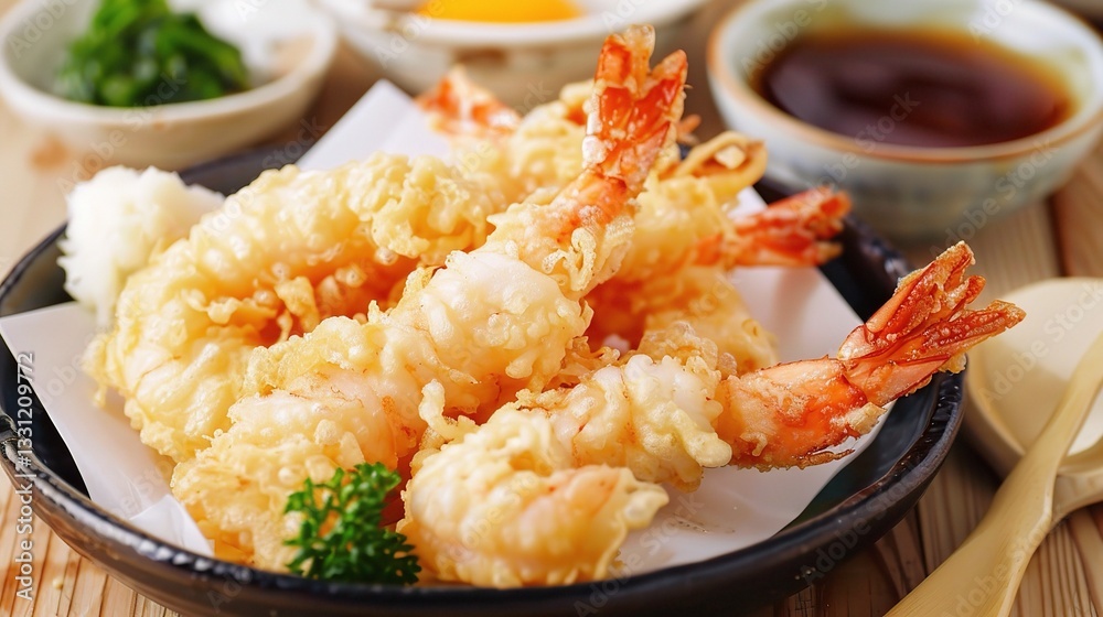 A beautifully presented plate of tempura is shown. The tempura features a variety of ingredients, such as succulent shrimp, tender pieces of white fish, fresh vegetables like eggplants, sweet potatoes A beautifully presented plate of tempura is shown. The tempura features a variety of ingredients, such as succulent shrimp, tender pieces of white fish, fresh vegetables like eggplants, sweet potatoes