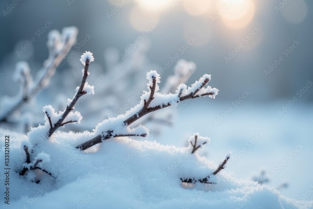 Obraz premium Snowy Branches in a Tranquil Winter Wonderland: A Stunning Close-Up of Frost-Covered Twigs, Capturing the Beauty, Stillness, and Magic of the Cold Season