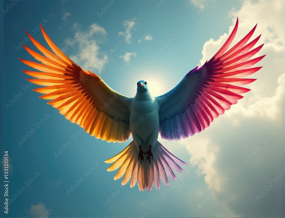 Obraz premium flying dove with rainbow coloured wings. blue sky on background