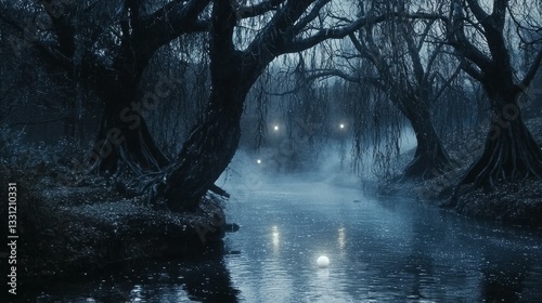 Dark riverbank in sleepy hollow, with crooked willow trees, glowing orbs floating above the water, and misty tendrils creeping along the shore