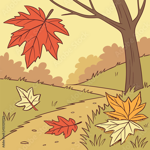 Autumn landscape with a path winding through hills and colorful falling leaves near a tree