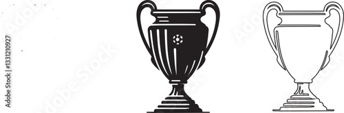 Black cup isolated on white background. Flat vector design element. UEFA Champions league vector cup isolated on white. Competition winner prize trophy. Football symbol icon. Black cup silhouette 
