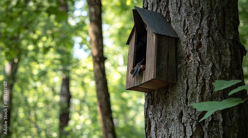 A wooden bat house has been attached to a tree A wooden bat house has been attached to a tree