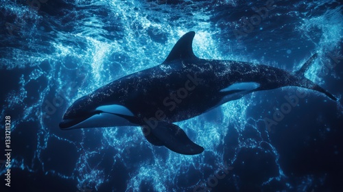 Orca swims ocean, glowing particles, underwater, nature documentary photo
