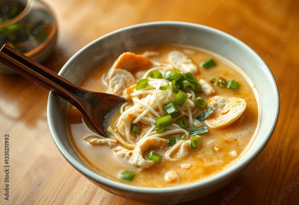 A steaming hot bowl of Laksa with a rich and creamy broth, served with spring onions, bean sprouts, and sliced chicken A steaming hot bowl of Laksa with a rich and creamy broth, served with spring onions, bean sprouts, and sliced chicken