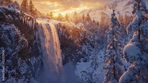Frozen waterfall cascading down a majestic mountain cliff, surrounded by snow-covered pine trees, illuminated by soft golden sunrise, hyper-realistic, 4K detail