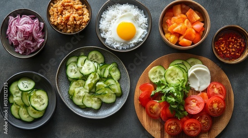 Wallpaper Mural A top-down shot with a variety of side dishes including sliced cucumbers, tomatoes, and pickled radish, showcasing a complete and flavorful Thai breakfast  Torontodigital.ca