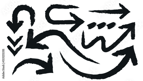 Set of various brush stroke arrows. Handdrawn arrow