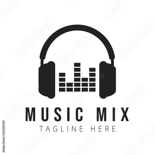 Modern music logo with stylish headphones and text in black color. Perfect for music projects, DJs, recording, podcasts, radio, streaming services, online platforms, festivals and blogs