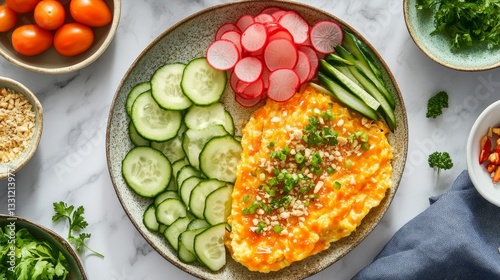 Wallpaper Mural A top-down shot with a variety of side dishes including sliced cucumbers, tomatoes, and pickled radish, showcasing a complete and flavorful Thai breakfast  Torontodigital.ca