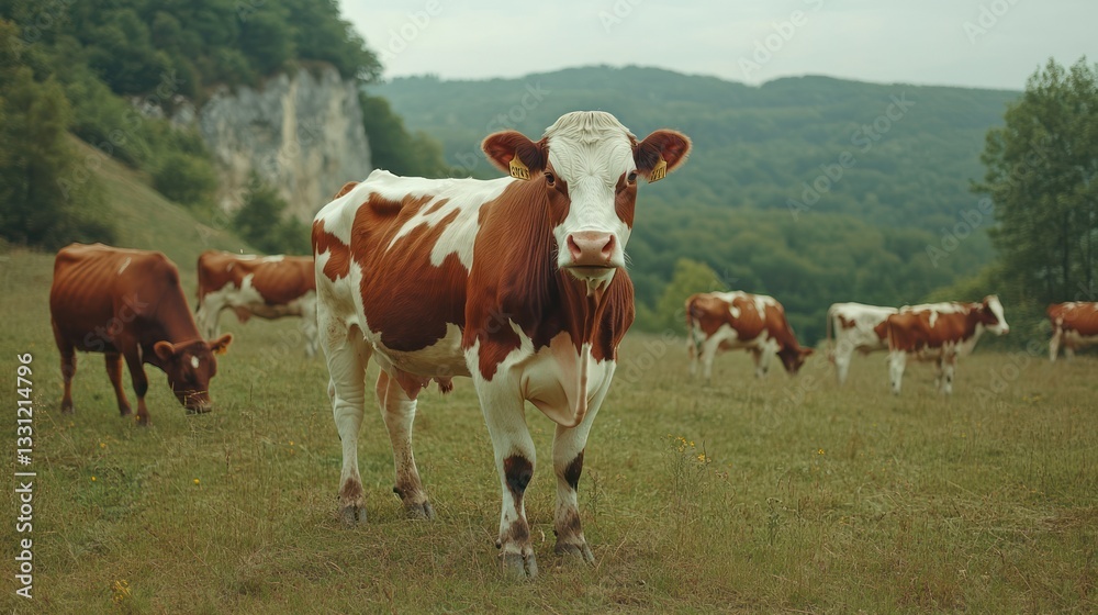Cows grazing in a grassy valley, foothills background, suitable for agricultural or nature themes Cows grazing in a grassy valley, foothills background, suitable for agricultural or nature themes