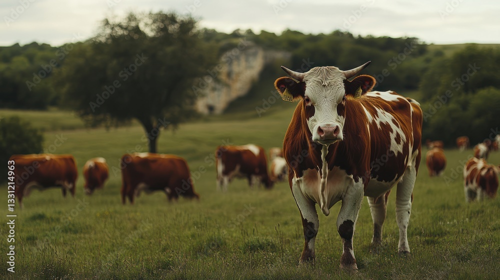 Cows grazing in a field, hills in background. Possible use Stock photo for agriculture, nature, or farm-related publications Cows grazing in a field, hills in background. Possible use Stock photo for agriculture, nature, or farm-related publications
