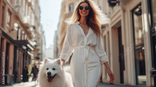 Stylish woman in a white outfit walking her fluffy Samoyed dog in a city street. Perfect for fashion, lifestyle, and pet care themes.