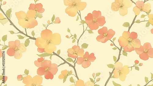Wallpaper Mural Elegant Peach and Yellow Blossom Floral Pattern Design art soft home cream plant Torontodigital.ca