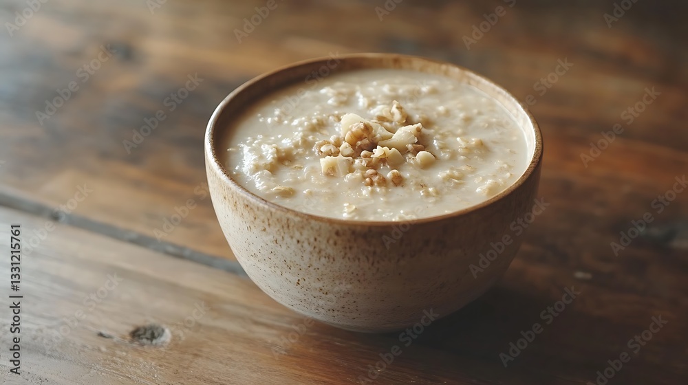 Banana walnut overnight oatmeal in a bowl on wood table Banana walnut overnight oatmeal in a bowl on wood table