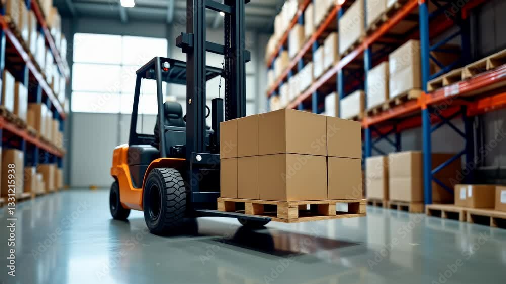 Forklift moves boxes in busy warehouse setting during day Forklift moves boxes in busy warehouse setting during day