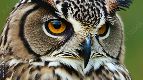A captivating close-up of a European scops owl (Otus scops) as it slowly blinks, showcasing intricate feather textures, piercing eyes, and fine details of its facial features in stunning clarity.