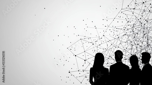 Team Collaboration Team members silhouettes collaborating on a project, connected by lines representing their interconnectedness and shared goals.