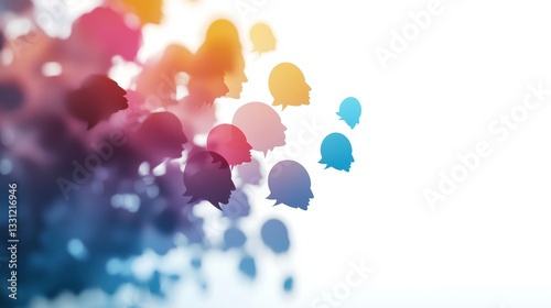 Multicultural or Global Teams Colorful speech bubbles with different languages emerging from a group of silhouettes, symbolizing multilingual communication and cross cultural understanding in a