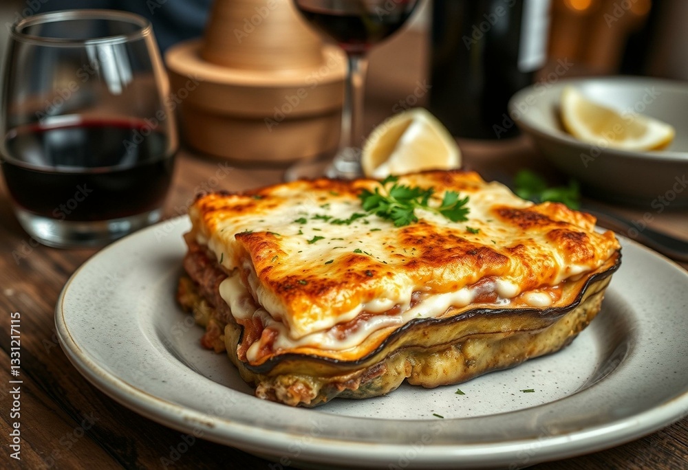 A delicious Moussaka dish on a rustic wooden table A delicious Moussaka dish on a rustic wooden table