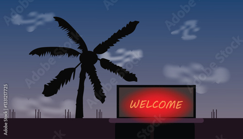 Neon welcome sign at sunset vector illustration design background