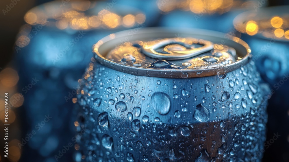 Water droplets cling to aluminum beverage cans, reflecting soft light. The setting suggests a relaxed outdoor moment, ideal for summer gatherings and enjoyment. Water droplets cling to aluminum beverage cans, reflecting soft light. The setting suggests a relaxed outdoor moment, ideal for summer gatherings and enjoyment.