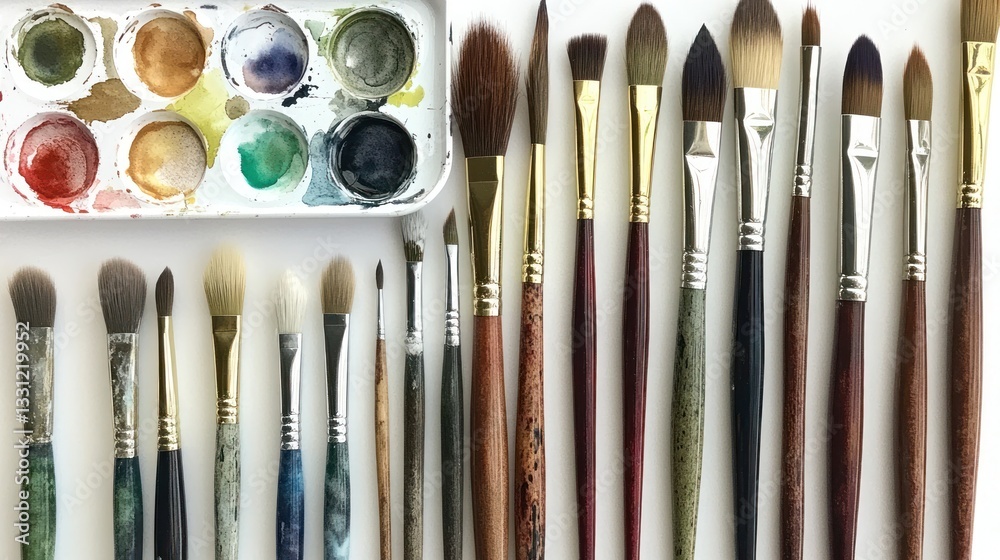Fototapeta premium Assorted paintbrushes and watercolor paints arranged on a white surface.