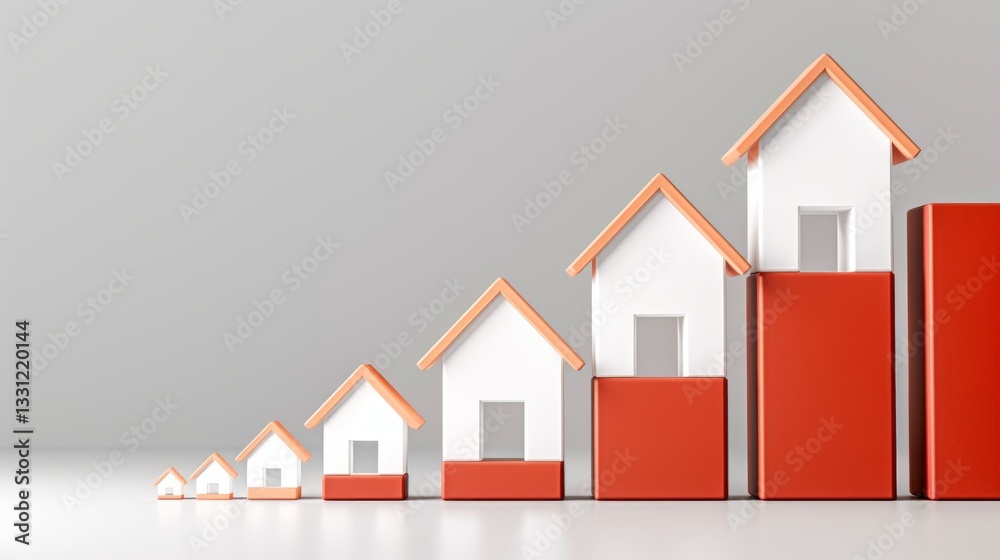 A 3D bar graph with miniature houses rising at different heights symbolizes real estate market fluctuations. High-definition sharpness and rich colors. A 3D bar graph with miniature houses rising at different heights symbolizes real estate market fluctuations. High-definition sharpness and rich colors.