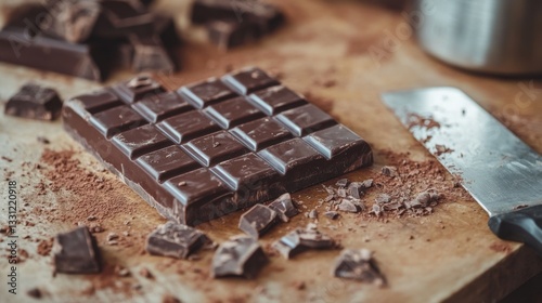 Dark Chocolate Bar on Wooden Cutting Board